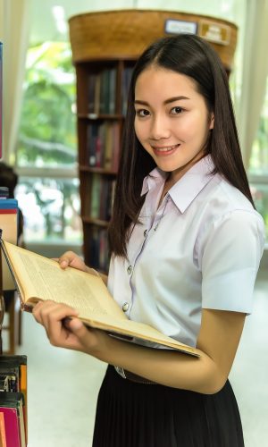 woman, library, students
